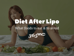 Woman reclining on a bed of vegetables promoting diet after liposuction.