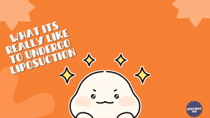 Cute character under the title "What it's really like to undergo liposuction" on an orange background.