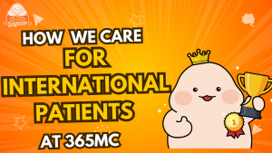 365mc’s international patient care guide with cartoon doctor and trophy