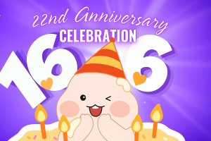 365mc 22nd Anniversary banner with mascot and candles