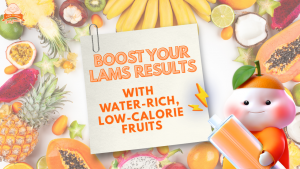 Infographic showing water-rich fruits like watermelon, orange, and pineapple for LAMS recovery